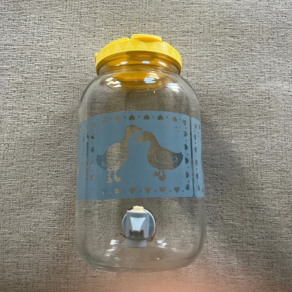 Vintage Glass Sun Tea Jar 1 Gallon‎ Blue Kissing Ducks Hearts Yellow Flip Lid